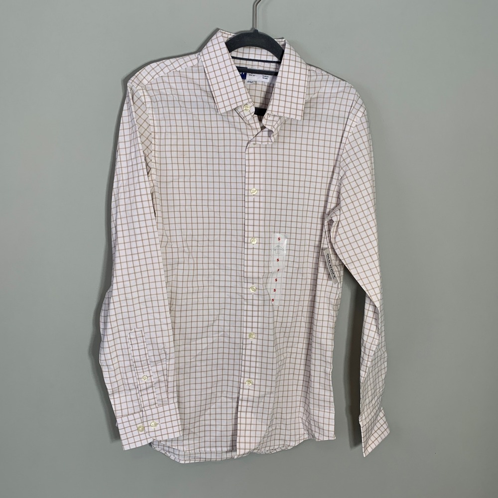 NEW Old Navy Pro Signature Slim Fit Go-Dry Shirt Mens Small Tan White Grid Check